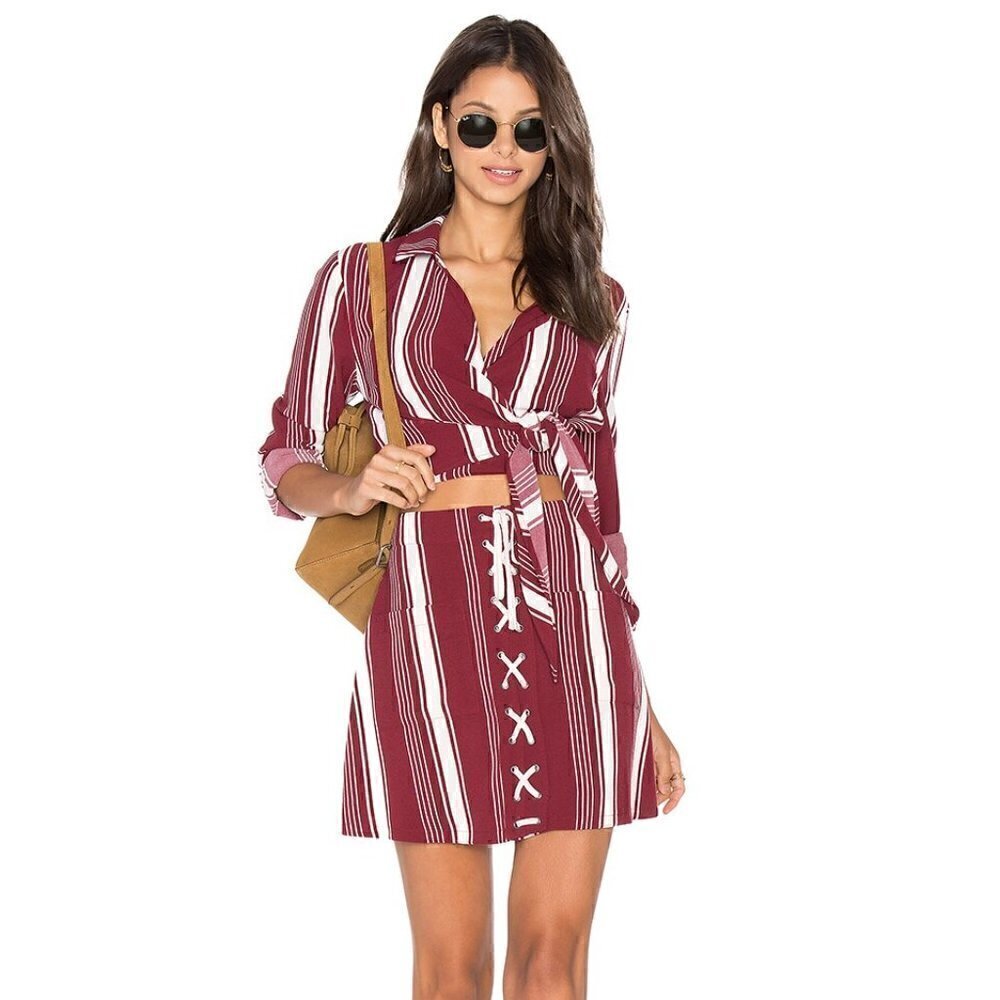 Lovers & Friends Beachwood Striped Maroon Top and Skirt Set Size M